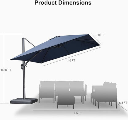 PURPLE LEAF 10 FT Cantilever Patio Umbrella Outdoor Aluminum Offset Square Umbrella with 3 Years Fade Resistance Recycled Fabric and 360-degree Rotation for Deck Pool Garden, Ocean Slate