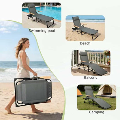 Foldable Chaise Lounge Chair Outdoor, Tanning Chair with 4-Position Reclining Back, Folding Sun Lounger, Outdoor Lounge Chair for Beach, Poolside, Backyard, Camping, UPF 50+, 300 LBS