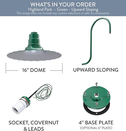 Steel Lighting Co. Highland Park Barn Light | Outdoor Wall Mounted | 16 inch Radial Wave | Upslope Gooseneck | Vintage Style Made in America | Green Exterior/White Interior