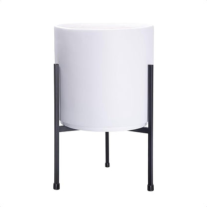 D'vine Dev Modern White Plants Pot Cylinder Planter with Heavy Duty Stand, Medium 10 Inch Pot, 16.3 Inch with Stand Height, 96-T-A-2