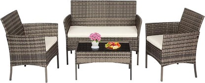 FDW Outdoor Patio Furniture Set Wicker Patio Set PE Rattan Furniture Bistro Set for Outdoor Indoor Use with Loveseats Coffee Table, Khaki Cushions, 4 Pieces