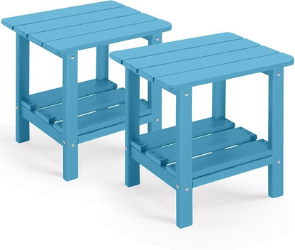 Set of 2 Outdoor Side Table, 2-Tier Small Patio End Table, Weather Resistant HDPE Adirondack Outdoor End Tables for Garden, Lawn, Pool, Beach, Porch, Deck, Backyard - Square, Turquoise