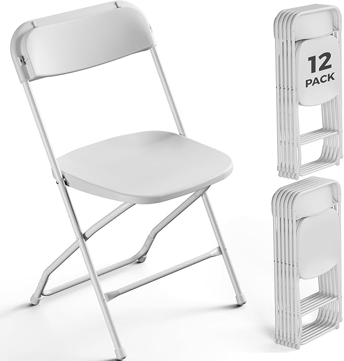 12 Pack White Plastic Folding Chairs, Outdoor Portable Folding Chair with Steel Frame, 350lbs Capacity Stackable Foldable Chairs for Patio, Garden, Picnic, Kitchen, Events