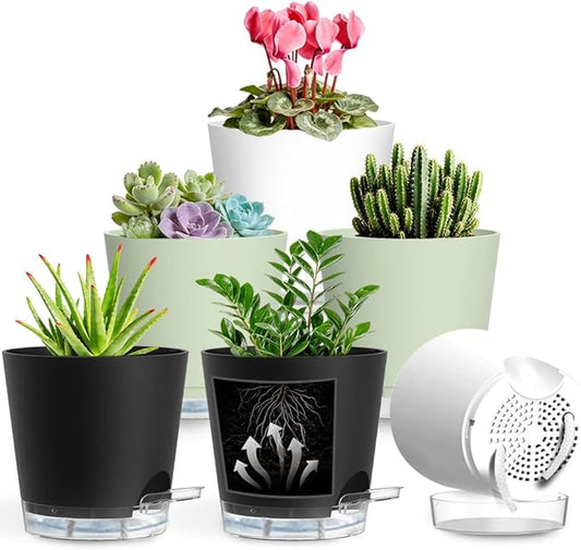 Self Watering Pots for Plants, 2026 New Flower Plant Pots with Drainage Holes, Wicking and Clear Reservoirs for Succulent, Aloe, Cacti and Others - 6 Pack (Colorful, 5")