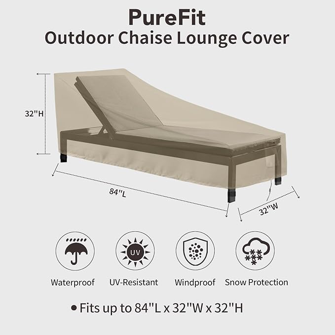 PureFit Outdoor Chaise Lounge Cover, Lounge Chair Covers Waterproof Patio Furniture Lounge Chair Cover, UV Resistant & Weatherproof, 1 Pack, 84"L x 32"W x 32"H Inches, Camel