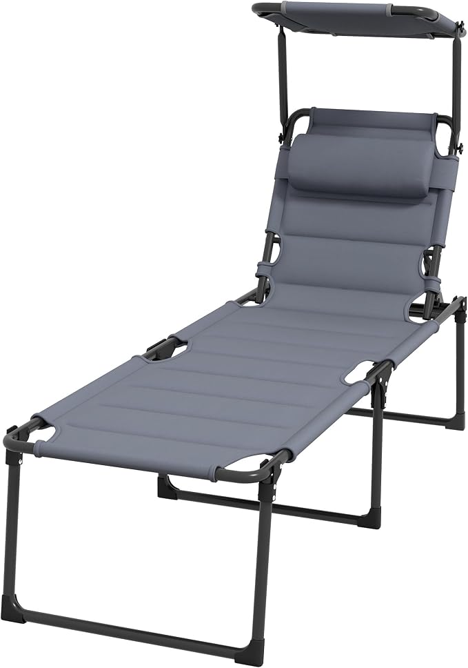 Outdoor Lounge Chair, Tanning Chair with Sunshade Roof, Adjustable Backrest Folding Chaise Lounge with Pillow Headrest for Outside, Beach, Camping, Hiking (Sunshade Roof, Grey)