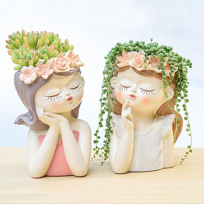 Fairy Girl face planters, Cute Succulent pots for Indoor and Outdoor Plants,Resin Head Planter Pots with Drainage Hole(Medium-Listening)