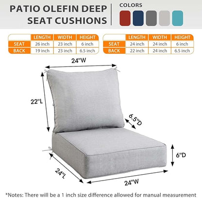 Sundale Outdoor Olefin Deep Seat Cushion Set of 2, Patio Chair Cushion and Pillow, Water-Resistant Sectional Sofa Pad with Straps Light Gray, 24 x 24 x 6 Inches