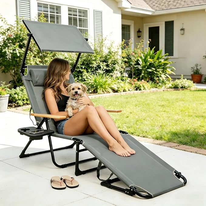 Folding Lounge Chair with Adjustable Canopy, Portable Sun Lounger with 4-Position Reclining Back, Outdoor Chaise Lounge with Arms, Tanning Chair for Beach Poolside Backyard Camping, 440LBS (Gray B)