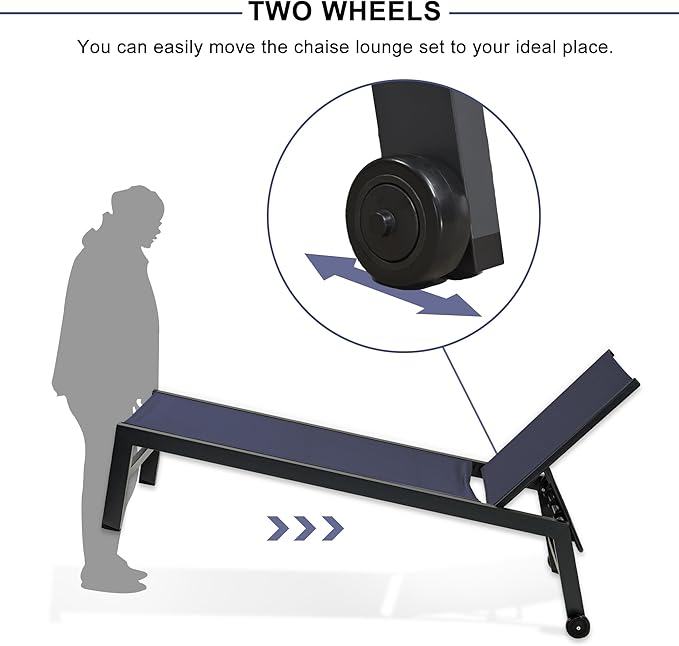 PURPLE LEAF Patio Chaise Lounge Set 2 Pieces Textilene Pool Lounge Chairs with Wheels Sunbathing Chair for Outdoor Yard (2 Navy Blue Lounges W/Side Table)