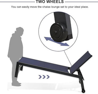 PURPLE LEAF Patio Chaise Lounge Set 2 Pieces Textilene Pool Lounge Chairs with Wheels Sunbathing Chair for Outdoor Yard (2 Navy Blue Lounges W/Side Table)