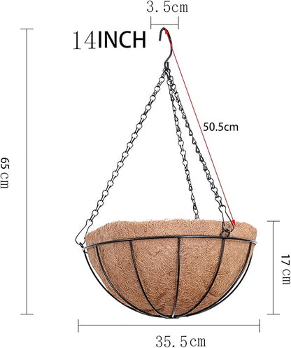 14 inch Metal Hanging Baskets For Plants Outdoor 4 Pack Round Metal Wire Hanging Basket Planter with Coco Fiber Liners Chain Round Wire Plant Holder for Garden, Patio, Deck, Porch Plants Flower Potss