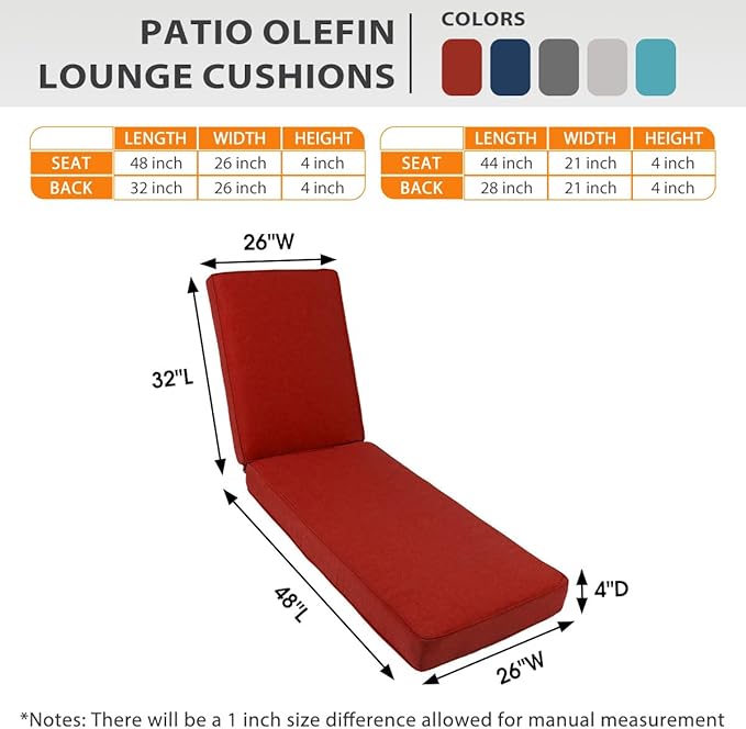 Sundale Outdoor Olefin Chaise Lounge Cushion Set of 2, Water-Resistant Patio Lounge Chair Cushion, Thick Lounger Pad with 4 Straps Red, 80 x 26 x 4 Inches