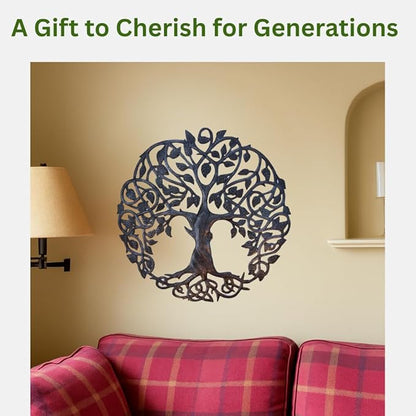 Tree of Life Metal Wall Art, Contemporary Iron Artwork Decor, Celtic Family Trees, 23 In. x 23 In. Round Modern Plaque, Handmade in Haiti,Fair Trade Certified, Signed By Wilson Etienne