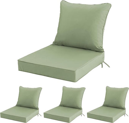24x24 Inch Outdoor Chair Cushions Set of 4, Patio Furniture Cushions - Removable Cover, Water-Repellent, Fade-Resistant, Non-Slip Bottom & Straps, Replacement for Deep Seat Sofa & Couch - Sage Green