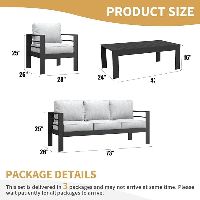 LayinSun Outdoor Aluminum Furniture Set, 4 Pieces Patio Sectional Conversation Chat Sofa Modern Seating Set with Coffee Table
