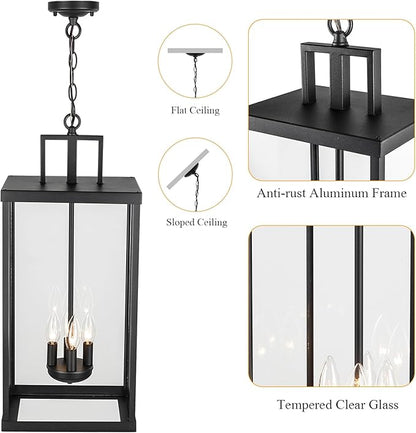 Outdoor Pendant Light, 25'' Large Hanging Lights Lantern Light, Modern Outside Chandelier with Clear Glass, Exterior Gazebo Light for Patio, Porch, Yard, Garage