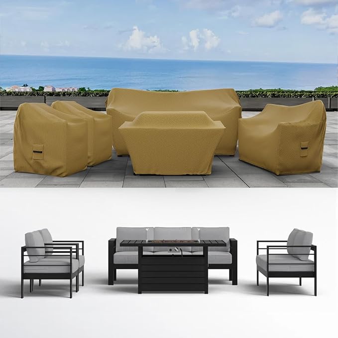 Covers & all Patio Furniture Cover Set, 5 Piece Outdoor Furniture Covers, Water-Repellent UV & Weather-Resistant Covers for Sofa, Loveseat, Chairs & Coffee Table with Elastic Tie-Down & Padded Handles