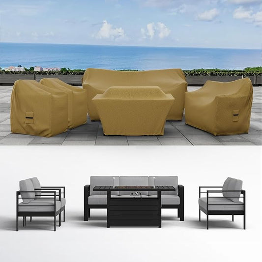 Covers & all Patio Furniture Cover Set, 5 Piece Outdoor Furniture Covers, Water-Repellent UV & Weather-Resistant Covers for Sofa, Loveseat, Chairs & Coffee Table with Elastic Tie-Down & Padded Handles