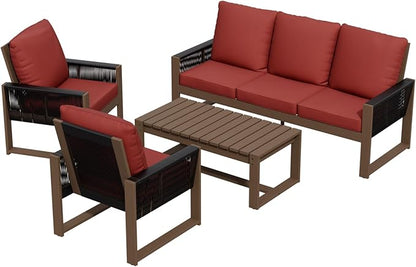 Rustic Hideaway Natural Cedar Wood Outdoor Furniture Set, Wicker Patio Conversation Set for Porch Garden Backyard, Couch, 2 Patio Chairs and Coffee Table, 4 Piece, Brownish/Red