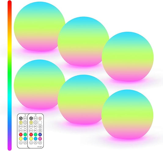 LOFTEK 3-inch Rechargeable LED Ball Lights, Sphere Night Light, 16 RGB Color Glowing Mood Lighting, IP65 Waterproof Ambient Light for Home Bedroom Patio Pool Bathtub Decorative Lighting, 6 Pack