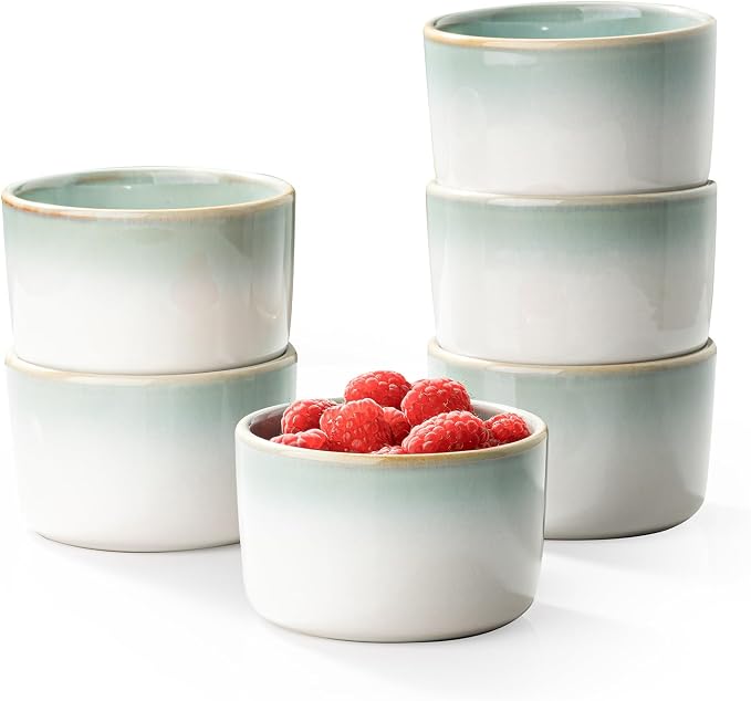 Ramekin Set, UNICASA 8 oz Creme Brulee Ramekins, Oven Safe Baking Set for Custard, Pudding, Souffle Cups, Reactive Gray (Light Blue, 6oz x 6pc)