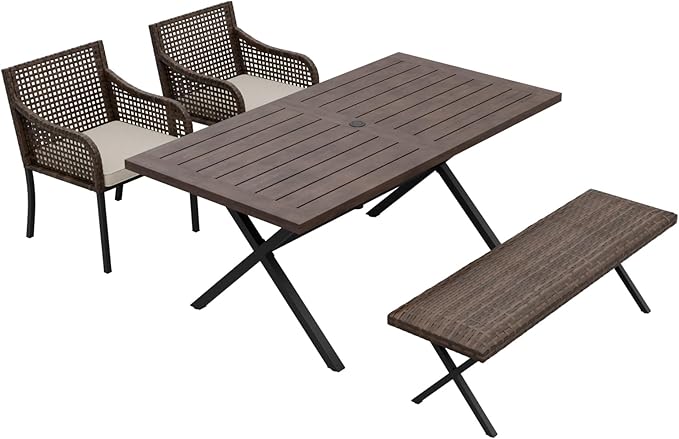 COOS BAY Echo Vibe Patio Dining Set for 4 with 2 Chairs, a Bench and a Table, 4 Piece Outdoor Dining Set, Brown/Beige