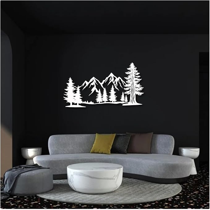 Metal Mountain Wall Art, Large Size Mountain Wall Decor, Tree Art Wall Hangings For Living Room, Bedroom, Outdoor(Red,48x26 in/121x67cm)