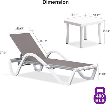 PURPLE LEAF Patio Chaise Lounge Chair Set Outside Aluminum Plastic Stackable Tanning Chairs with Armrests and Side Table for Pool Sunbathing Beach Deck Outdoor Lounger, Taupe