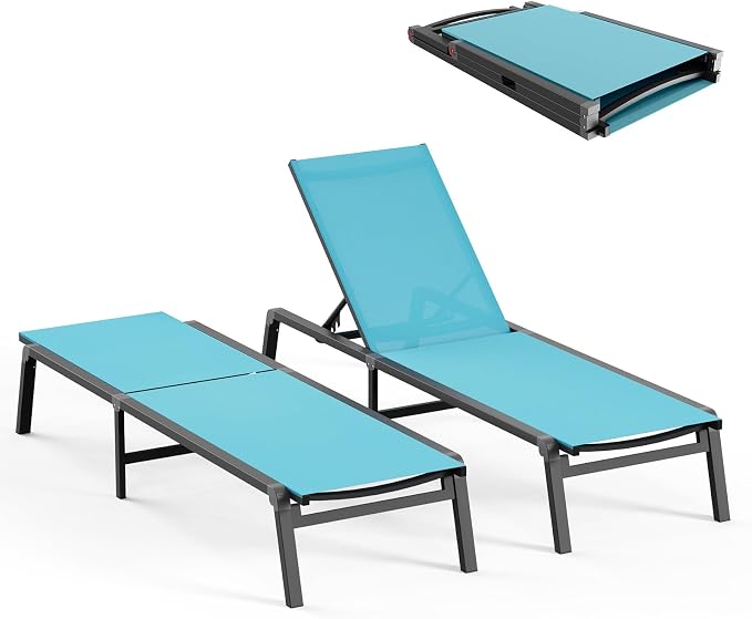 Ciokea Patio Chaise Lounge Chair Set of 2, Foldable Lounge Chairs for Outside, Aluminum Chairs with 5 Adjustable Backrest, Outdoor Pool Lounger for Lawn, Poolside, Deck, Lake Blue