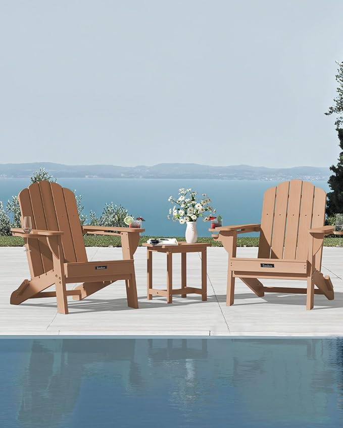 Folding Adirondack Chairs Set of 2, All-Weather HDPE Fire Pit Chair with 2 Cup Holders, Plastic Outdoor Chair for Patio Deck Garden Lawn, Teak