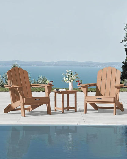Folding Adirondack Chairs Set of 2, All-Weather HDPE Fire Pit Chair with 2 Cup Holders, Plastic Outdoor Chair for Patio Deck Garden Lawn, Teak