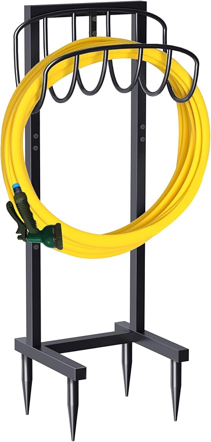 Artigarden Freestanding Garden Hose Holder with 4 Spikes, Heavy Duty Metal Reel Stand Hanger Rack Organizer, Holds Storage 150ft Hose for Outside Yard Lawn, Black