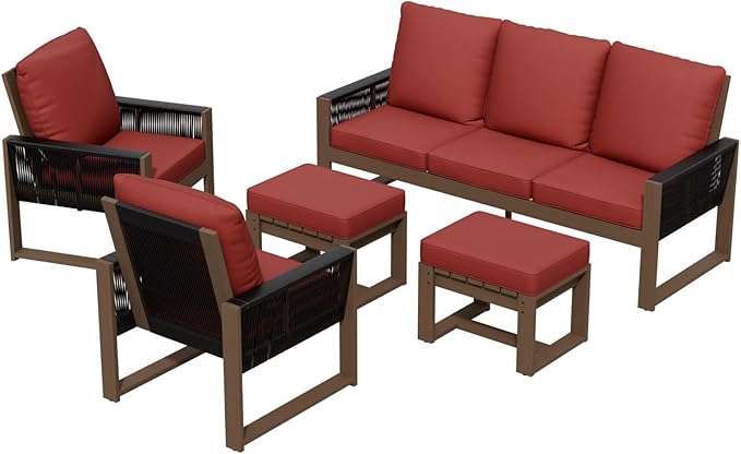 Rustic Hideaway Natural Cedar Wood Outdoor Furniture Set, Wicker Patio Conversation Set for Porch Garden Backyard, Couch, 2 Patio Chairs and 2 Ottomans, 5 Piece, Brownish/Red