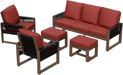 Rustic Hideaway Natural Cedar Wood Outdoor Furniture Set, Wicker Patio Conversation Set for Porch Garden Backyard, Couch, 2 Patio Chairs and 2 Ottomans, 5 Piece, Brownish/Red