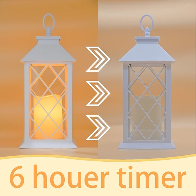 YAKii Decorative Candle Lantern with LED Flameless Candle and Timer, Plastic LED Candle & Holder, Indoor & Outdoor Hanging Lights Decorations Lantern (White 2PCS)