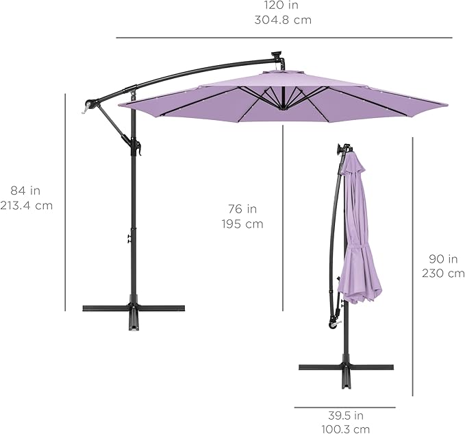 Best Choice Products 10ft Solar LED Offset Hanging Market Patio Umbrella for Backyard, Poolside, Lawn and Garden w/Easy Tilt Adjustment, Polyester Shade, 8 Ribs - Lavender