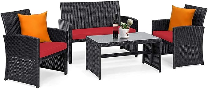 COSTWAY 4 Pieces Patio Rattan Furniture Set, Outdoor Wicker Conversation Set with Soft Cushions & Tempered Glass Coffee Table, Cushioned Chair Sofa for Backyard, Porch, Poolside, Lawn, Garden, Red