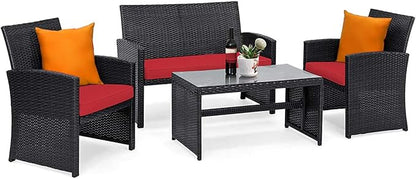 COSTWAY 4 Pieces Patio Rattan Furniture Set, Outdoor Wicker Conversation Set with Soft Cushions & Tempered Glass Coffee Table, Cushioned Chair Sofa for Backyard, Porch, Poolside, Lawn, Garden, Red