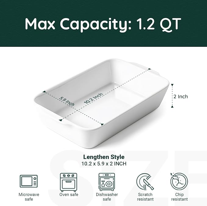 HOMBENE 1.2 QT White Casserole Dish, Lasagna Pan for Oven, Bakeware for Baking, Small Ceramic Baking Dish, Kitchen Decor, Microwave Oven Safe, Dinner Party (5.9" x 10.2")