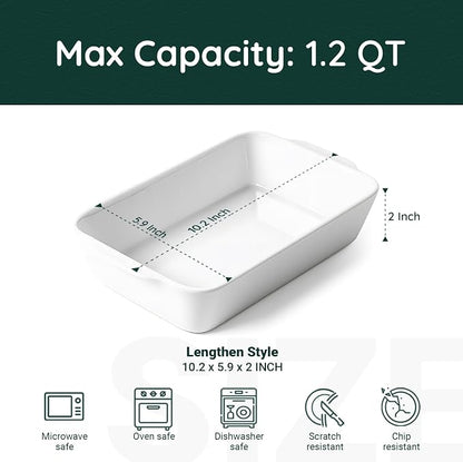 HOMBENE 1.2 QT White Casserole Dish, Lasagna Pan for Oven, Bakeware for Baking, Small Ceramic Baking Dish, Kitchen Decor, Microwave Oven Safe, Dinner Party (5.9" x 10.2")