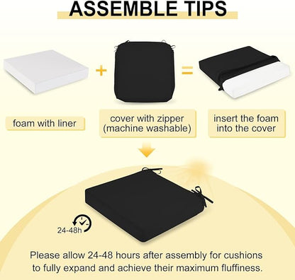 downluxe Waterproof Outdoor Chair Cushions Set of 2, 19" x 19" x 3" Patio Chair Cushion with Non-Slip Ties & Handle, Square Outdoor Cushion for Patio Furniture with Removable Cover, Black