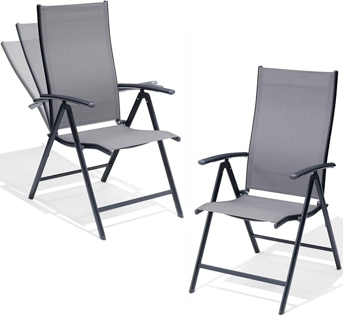 Crestlive Products Folding Patio Chairs Set of 2, 7-Level Adjustable Recliner Chairs Foldable Outdoor Lawn Chairs for Pool, Backyard,Gray