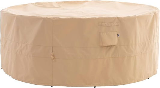 WJ-X3 Round Patio Furniture Cover, 96" D x 31" H, Waterproof, UV Resistant, Anti-Fading Outdoor Cover for Round Dining Table and Chairs Set, Beige