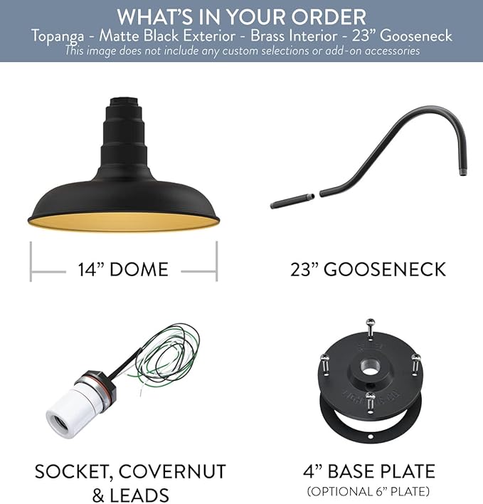 Steel Lighting Co. Topanga Barn Light | Outdoor Wall Mounted | Farmhouse Garage Light Made in America | 14 inch Dome | 23 inch Gooseneck | Matte Black Exterior/Brass Interior