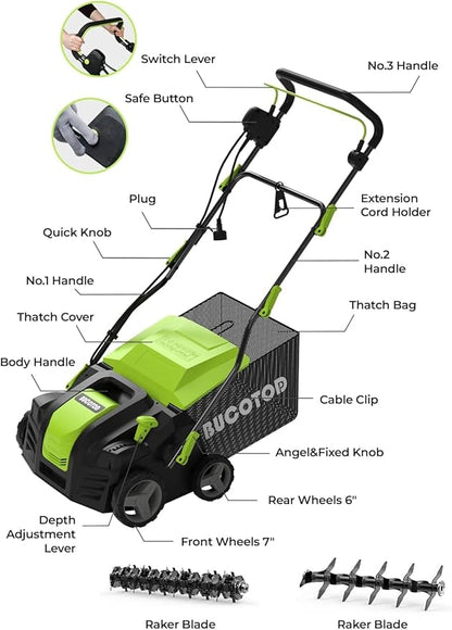 2-in-1 Electric Dethatcher and Scarifier, 13-Inch Raking & Scarifying, Turf Dethatcher & with 4-Position Height Adjustment, 14.5 gal Removable Thatch Bag for Lawn Health
