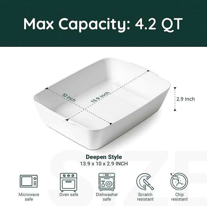 HOMBENE 4.2 QT Deep Ceramic Baking Dish, White Casserole Dish, Lasagna Pan for Oven, Ceramic Baking Pan, Kitchen Decor, Microwave Oven Safe, Dinner, Wedding (10" x 13.9")