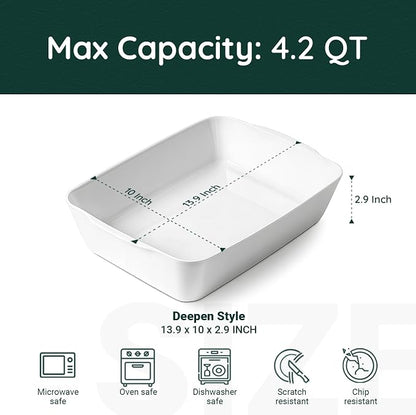 HOMBENE 4.2 QT Deep Ceramic Baking Dish, White Casserole Dish, Lasagna Pan for Oven, Ceramic Baking Pan, Kitchen Decor, Microwave Oven Safe, Dinner, Wedding (10" x 13.9")