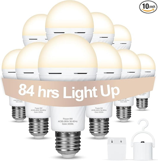10 Packs Rechargeable Light Bulbs,Emergency Light Bulbs Socket Self-Charging, 3000K Battery Powered Light Bulb for Lamps and Wall Sconces, Up to 24 Hours Outdoor Camping, Hiking, Hurricane Use