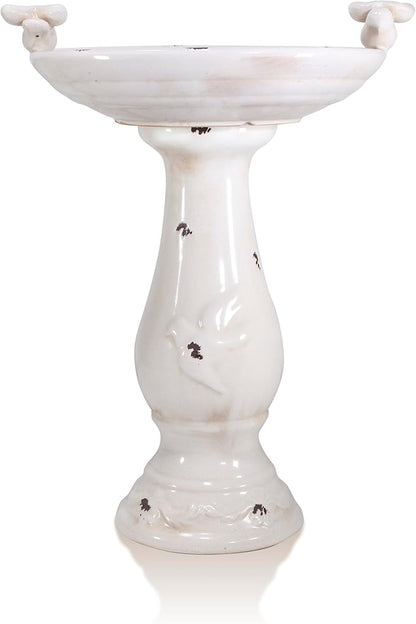 Alpine Corporation 25" Tall Outdoor Antique Ceramic Birdbath with 2 Bird Figurines - Vintage Style Garden Bird Bath Bowl for Patio, Yard, Lawn Decor, Light Brown
